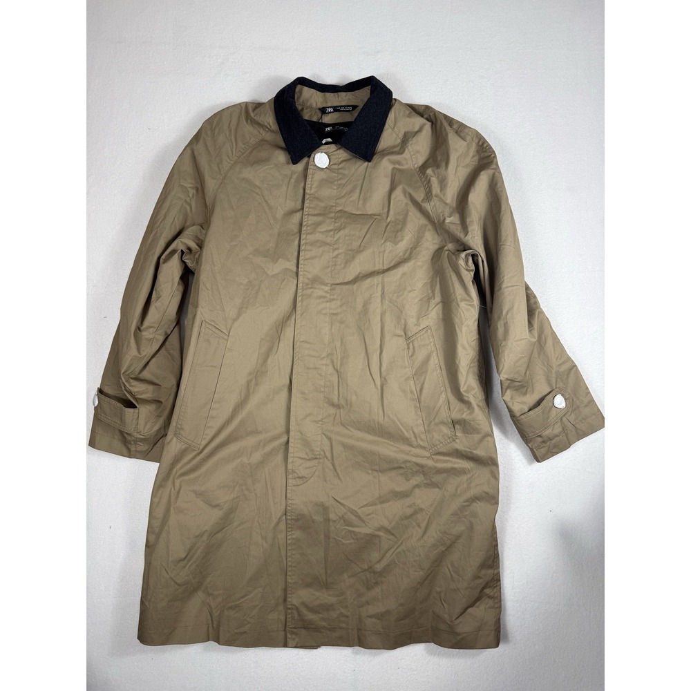Zara Mens Trench Coat Jacket Tan Beige Fleece Collar Car Coat Medium